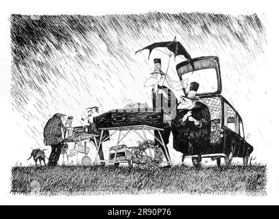 Dessin humoristique à la plume et à l'encre de directeurs funéraires vendant des cercueils lors d'une vente de bottes de voiture. Banque D'Images