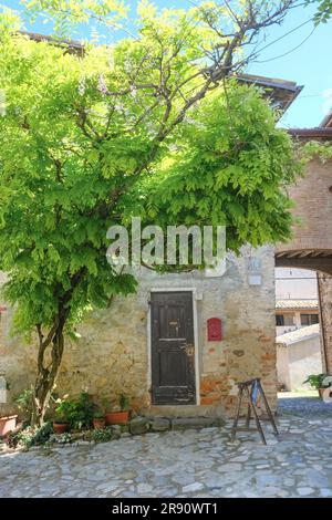 Langhirano, Italie: Rues de la petite ville médiévale borgo autour du château castello Torrechiara avec de vieilles maisons, panneaux Banque D'Images