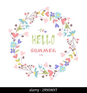 Bannière Hello Summer flower frame. Couronne colorée avec fleurs. Dessin animé vectoriel plat. Couronne de fleurs de style plat. Illustration de Vecteur