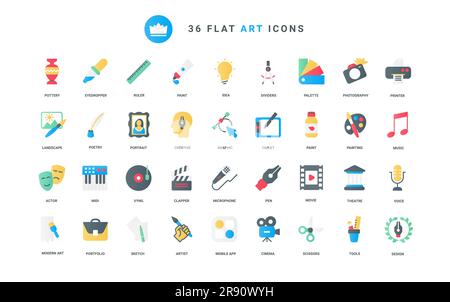 Ensemble d'icônes de couleur plate tendance pour le design artistique. Symboles abstraits du portfolio des artistes modernes, outils éducatifs et technologie graphique pour la photographie créative, la peinture, l'illustration de vecteur musical Illustration de Vecteur