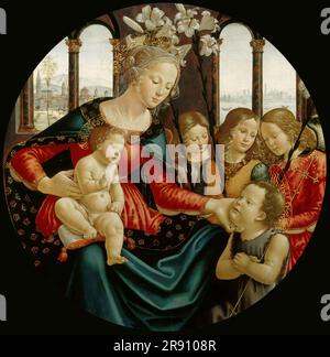 Madonna et l'enfant avec Saint Jean-Baptiste et trois Anges, c. 1490. Trouvé dans la collection du Musée&#xe9;e du Louvre, Paris. Banque D'Images