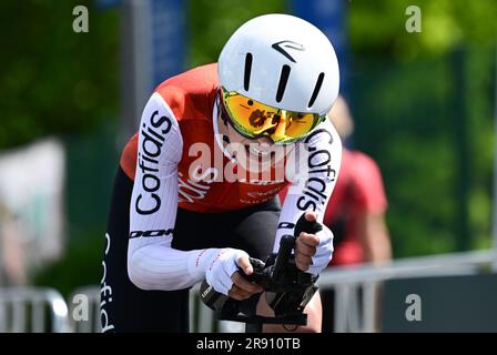 23 juin 2023, Baden-Württemberg, Bad Dürrheim: Cyclisme: Championnats d'Allemagne, Donaueschingen - Bad Dürrheim, Women's Elite temps de procès individuel: Clara Koppenburg de Cofidis Woman Team est sur son chemin à la troisième place. Photo: Bernd Weißbrod/dpa Banque D'Images