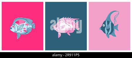 Dessin à la main vecteur résumé caricature marine animaux sous-marins ensemble de poissons de couleur mignons. Concept de personnages de poisson pour le design amusant des enfants. Dessin animé plat de la mer Illustration de Vecteur
