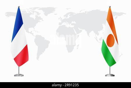 Drapeaux de la France et du Niger pour une réunion officielle sur fond de carte du monde. Illustration de Vecteur