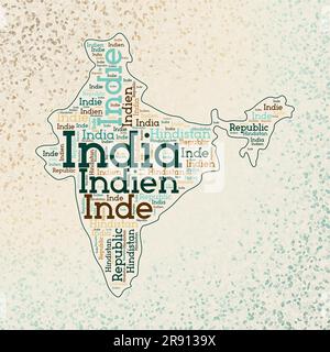 L'Inde forme où les noms de pays mot nuage dans plusieurs langues. Carte de la frontière de l'Inde sur des triangles nets dispersés autour. Illustration vectorielle tendance. Illustration de Vecteur