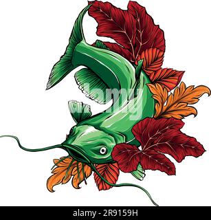 illustration vectorielle du poisson-chat avec des feuilles d'art Illustration de Vecteur