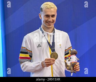 Cracovie, Pologne. 23rd juin 2023. Carateka Quentin Mahhauden, vainqueur de la médaille de bronze, photographiée sur le podium de la catégorie hommes -75kg, le troisième jour des Jeux européens, à Cracovie, en Pologne, le vendredi 23 juin 2023. Les Jeux européens de 3rd, officieusement connus sous le nom de Cracovie-Malopolska 2023, sont des manifestations sportives internationales prévues du 21 juin au 02 juillet 2023 à Cracovie et à Malopolska, en Pologne. BELGA PHOTO TEAM BELGIQUE crédit: Belga News Agency/Alay Live News Banque D'Images