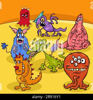 Dessin animé illustration du groupe de personnages fantaisie de monstres drôle Illustration de Vecteur