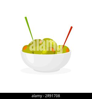 Olives vertes marinées avec un cure-dent dans l'assiette. Olive farcie de légumes, de saumon ou de crevettes. Hors-d'œuvre dans un bol. Cuisine espagnole ou grecque. Vecteur. Illustration de Vecteur