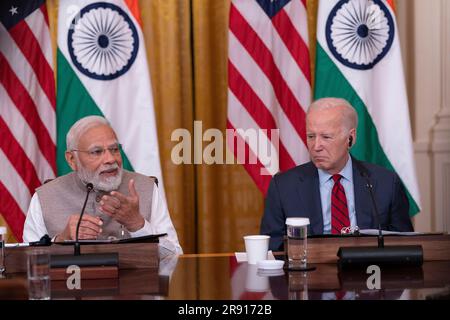 Washington, États-Unis d'Amérique. 23rd juin 2023. Le Premier ministre Modi de la République de l'Inde les États-Unis font des remarques au cours d'une réunion avec le président Joe Biden et les hauts responsables et PDG des entreprises américaines et indiennes réunis pour discuter de l'innovation, de l'investissement et de la fabrication dans une variété de secteurs technologiques, y compris l'IA, les semi-conducteurs, Et l'espace à la Maison Blanche à Washington, DC, 23 juin 2023. Crédit: Chris Kleponis/Pool/Sipa USA crédit: SIPA USA/Alay Live News Banque D'Images