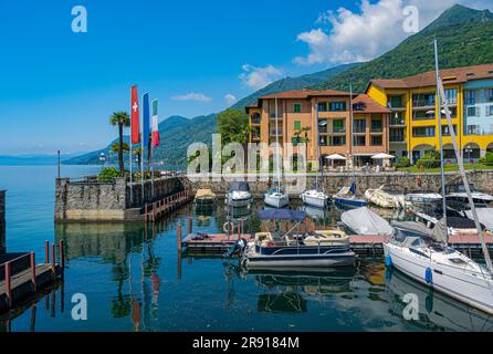 Cannero Riviera, Lac majeur. La promenade avec le port de plaisance de la vieille ville. Piémont, lacs italiens, Italie, Europe Banque D'Images