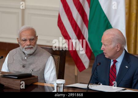 Washington, États-Unis d'Amérique. 23rd juin 2023. Le président des États-Unis Joe Biden fait des remarques lors d'une réunion avec le Premier ministre Modi de la République de l'Inde et des hauts responsables et PDG des entreprises américaines et indiennes se sont réunis pour discuter de l'innovation, de l'investissement et de la fabrication dans une variété de secteurs technologiques, y compris l'IA, les semi-conducteurs, Et l'espace à la Maison Blanche à Washington, DC, 23 juin 2023. Crédit: Chris Kleponis/Pool/Sipa USA crédit: SIPA USA/Alay Live News Banque D'Images