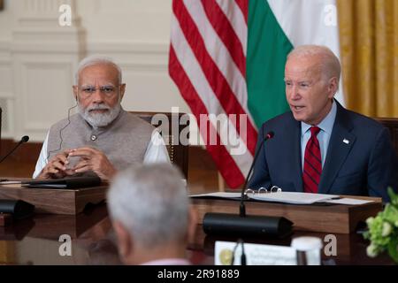 Washington, États-Unis d'Amérique. 23rd juin 2023. Le président des États-Unis Joe Biden fait des remarques lors d'une réunion avec le Premier ministre Modi de la République de l'Inde et des hauts responsables et PDG des entreprises américaines et indiennes se sont réunis pour discuter de l'innovation, de l'investissement et de la fabrication dans une variété de secteurs technologiques, y compris l'IA, les semi-conducteurs, Et l'espace à la Maison Blanche à Washington, DC, 23 juin 2023. Crédit: Chris Kleponis/Pool/Sipa USA crédit: SIPA USA/Alay Live News Banque D'Images