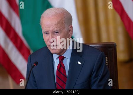 Washington, États-Unis d'Amérique. 23rd juin 2023. Le président des États-Unis Joe Biden fait des remarques lors d'une réunion avec le Premier ministre Modi de la République de l'Inde et des hauts responsables et PDG des entreprises américaines et indiennes se sont réunis pour discuter de l'innovation, de l'investissement et de la fabrication dans une variété de secteurs technologiques, y compris l'IA, les semi-conducteurs, Et l'espace à la Maison Blanche à Washington, DC, 23 juin 2023. Crédit: Chris Kleponis/Pool/Sipa USA crédit: SIPA USA/Alay Live News Banque D'Images