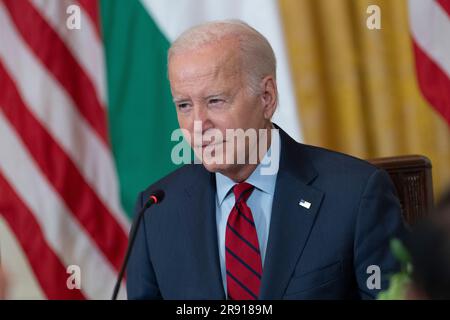 Washington, États-Unis d'Amérique. 23rd juin 2023. Le président des États-Unis Joe Biden fait des remarques lors d'une réunion avec le Premier ministre Modi de la République de l'Inde et des hauts responsables et PDG des entreprises américaines et indiennes se sont réunis pour discuter de l'innovation, de l'investissement et de la fabrication dans une variété de secteurs technologiques, y compris l'IA, les semi-conducteurs, Et l'espace à la Maison Blanche à Washington, DC, 23 juin 2023. Crédit: Chris Kleponis/Pool/Sipa USA crédit: SIPA USA/Alay Live News Banque D'Images