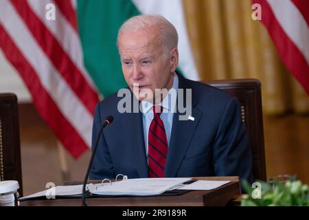 Washington, États-Unis d'Amérique. 23rd juin 2023. Le président des États-Unis Joe Biden fait des remarques lors d'une réunion avec le Premier ministre Modi de la République de l'Inde et des hauts responsables et PDG des entreprises américaines et indiennes se sont réunis pour discuter de l'innovation, de l'investissement et de la fabrication dans une variété de secteurs technologiques, y compris l'IA, les semi-conducteurs, Et l'espace à la Maison Blanche à Washington, DC, 23 juin 2023. Crédit: Chris Kleponis/Pool/Sipa USA crédit: SIPA USA/Alay Live News Banque D'Images