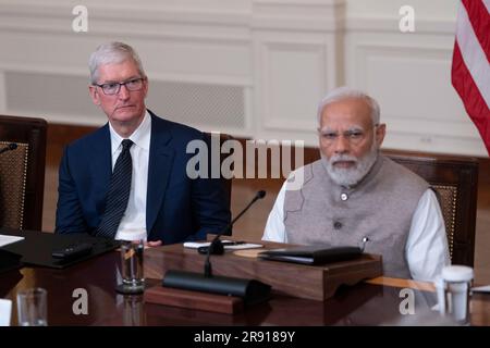 Washington, États-Unis d'Amérique. 23rd juin 2023. Le Premier ministre Modi de la République de l'Inde les États-Unis font des remarques au cours d'une réunion avec le président Joe Biden et les hauts responsables et PDG des entreprises américaines et indiennes réunis pour discuter de l'innovation, de l'investissement et de la fabrication dans une variété de secteurs technologiques, y compris l'IA, les semi-conducteurs, Et l'espace à la Maison Blanche à Washington, DC, 23 juin 2023. Crédit: Chris Kleponis/Pool/Sipa USA crédit: SIPA USA/Alay Live News Banque D'Images