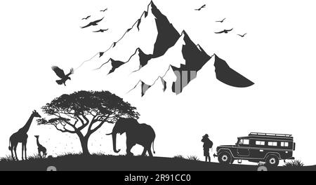 Illustration réaliste de l'African Safari avec paysage de montagnes, d'arbres et d'éléphants et de girafes. Sac à dos avec Tourisme prend la photographie d'animaux Illustration de Vecteur