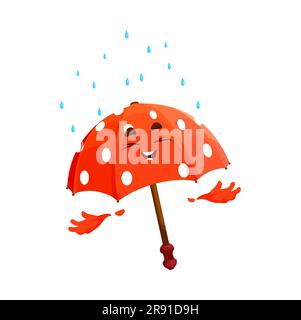 Personnage de parapluie rouge de dessin animé avec gouttes de pluie. Parasol vectoriel amusant avec le visage souriant exsudant des émotions positives appréciant la douche de pluie. Personnage Vichy isolé avec des points polka pour les prévisions climatiques Illustration de Vecteur