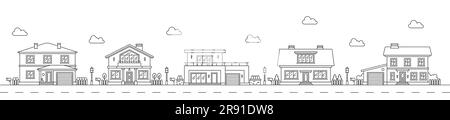 Les lignes d'art de quartier décrivent les bâtiments de village ou de maison de ville. Ville bâtiments de zone résidentielle paysage urbain, propriété immobilière de ville habitation vue panoramique contour concept vectoriel ou arrière-plan Illustration de Vecteur