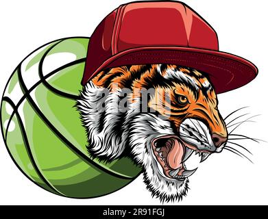 Une mascotte de sport Tiger Angry avec ballon de basket-ball Illustration de Vecteur