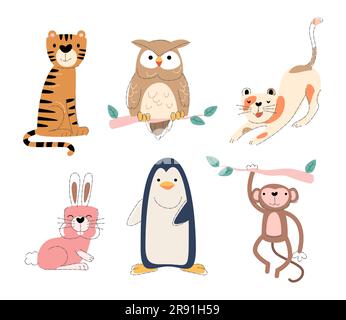 Ensemble animaux sauvages 2 . Forme plate et dessin ligne crayon . Vecteur . Illustration de Vecteur