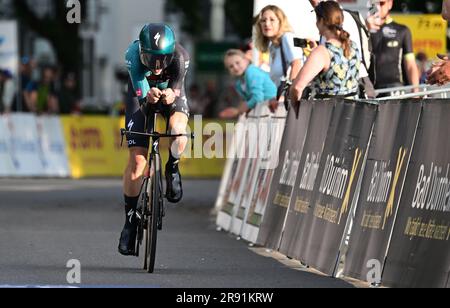 23 juin 2023, Bade-Wurtemberg, Bad Dürrheim: Cyclisme: Championnats d'Allemagne, Donaueschingen - Bad Dürrheim, épreuve individuelle de temps hommes élite: Lennard Kämna de Team Bora Hansgrohe en action. Photo: Bernd Weißbrod/dpa Banque D'Images