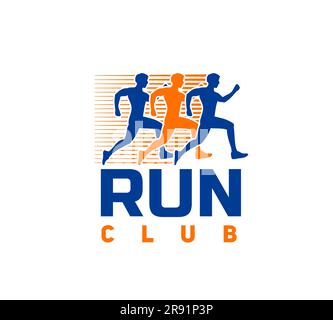 Icône de sport de course de marathon, courses de club de coureurs ou de fitness et sprint de jogging d'athlète, badge silhouette vectorielle. Label de club de course de vitesse de marathon ou de sport avec des sprinters masculins de course au marathon Illustration de Vecteur