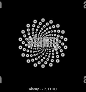 Vortex de points tourbillonnant au centre diminuant en perspective. Logo abstrait. Elément de conception géométrique numérique isolé sur noir Illustration de Vecteur