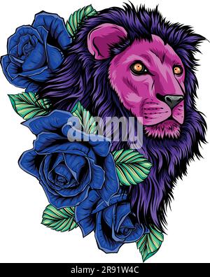 illustration vectorielle de la tête de lion avec des roses Illustration de Vecteur