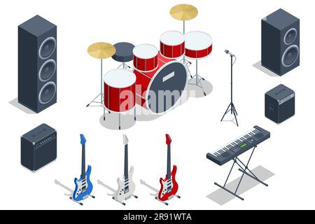 Jeu isométrique d'instruments de musique Synthesizer son analogique, kit de batterie avec batterie et cymbales et instruments de musique de guitare acoustique et électrique Illustration de Vecteur