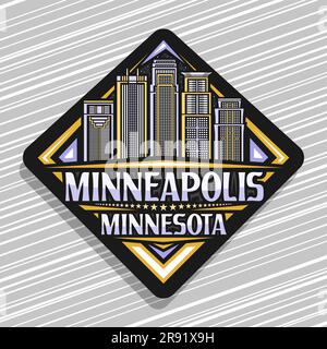 Logo Vector pour Minneapolis, panneau décoratif sur la route du losange avec illustration de la ville de minneapolis sur fond de ciel crépuscule, refrieur de design artistique Illustration de Vecteur