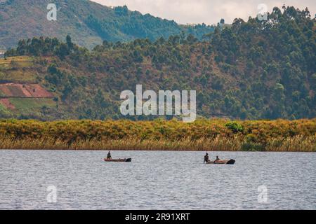 Un pêcheur sur un canot de pêche traditionnel au lac Mutanda, en Ouganda Banque D'Images