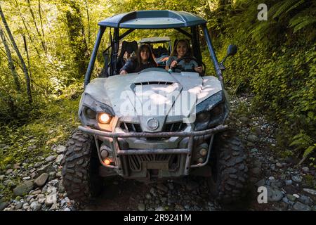Jeunes amis souriants en buggy dans la forêt Banque D'Images