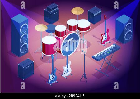 Jeu isométrique d'instruments de musique Synthesizer son analogique, kit de batterie avec batterie et cymbales et instruments de musique de guitare acoustique et électrique Illustration de Vecteur