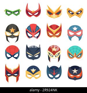 Masques Vector Super Hero définis en style plat. Personnage de visage, collection de masques de livres Comic Superhero. Super héros photo accessoires, masques pour femmes et hommes, Carnaval Illustration de Vecteur