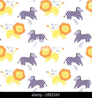 Motif puéril sans coutures avec animaux dessinés à la main. Arrière-plan scandinave tendance. Idéal pour les vêtements, tissus, textiles, décoration de garderie pour enfants Illustration de Vecteur