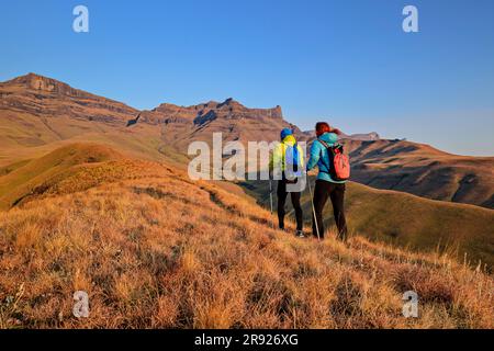 Femme et homme randonnée au KwaZulu-Natal, Drakensberg, Afrique du Sud Banque D'Images