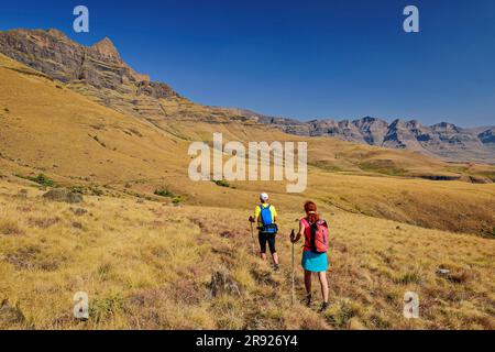 Homme et femme en randonnée dans le parc national du KwaZulu-Natal, Drakensberg, Afrique du Sud Banque D'Images