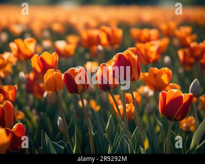 Image d'un champ de tulipe orange vif avec certaines des fleurs au point et l'arrière-plan flou Banque D'Images