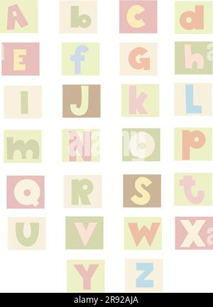 Alphabet anglais pour les enfants pour aider à l'apprentissage et à l'éducation des enfants de la maternelle. Lettres de abc à z, chaque carte est isolée sur fond blanc. Illustration de Vecteur