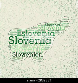 Slovénie forme avec les noms de pays nuage de mots en plusieurs langues. Carte de la frontière de la Slovénie sur des triangles attrayants dispersés autour. Illustration de Vecteur