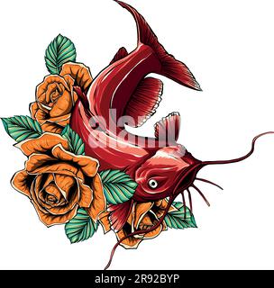 Illustration vectorielle d'un grand poisson-chat d'eau douce avec fleur Illustration de Vecteur