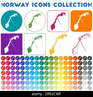 Collection d'icônes Norvège. Icônes de carte branchées colorées et lumineuses. Badge Norvège moderne avec carte du pays. Illustration vectorielle. Illustration de Vecteur
