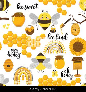 Motif sans couture mignon d'abeilles mellifères avec plusieurs citations. Fond sans couture avec bourdons. Motif simple. Illustration vectorielle. Illustration de Vecteur