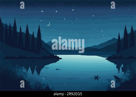 Illustration vectorielle d'Une scène nocturne pleine de tranquillité dans la nature, comme un lac serein entouré de montagnes sous un ciel étoilé. et silhouettes de Illustration de Vecteur