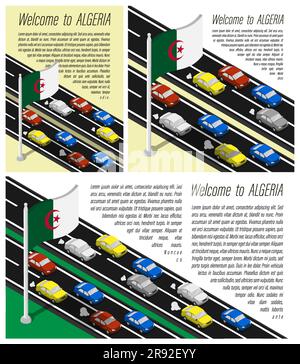 Drapeau isométrique de l'Algérie sur le flageling du mât dans le vent. Traversée de la frontière de l'Algérie en voiture. Ensemble d'informations horizontal, carré et Illustration de Vecteur