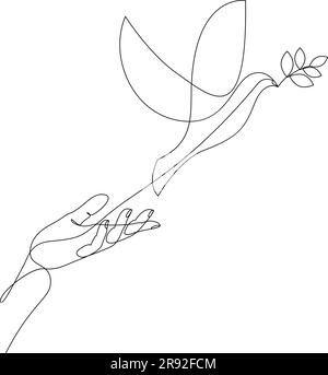 Dessin continu d'une ligne de libération d'une colombe avec branche d'olive de la main au vol. Concept de la Journée de la paix dessiné par une seule ligne. Illustration vectorielle Illustration de Vecteur