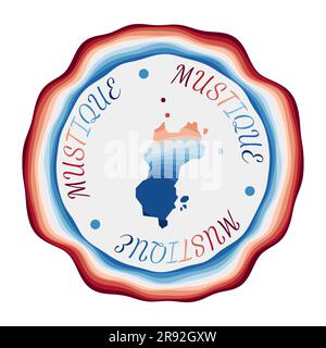 Badge Mustique. Carte de l'île avec de belles vagues géométriques et un cadre rouge bleu vif. Logo éclat rond Mustique. Illustration vectorielle. Illustration de Vecteur