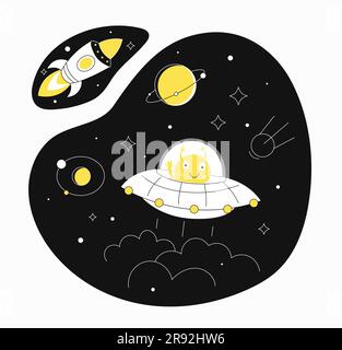 Vaisseau spatial extraterrestres dans le concept de ligne spatiale Illustration de Vecteur